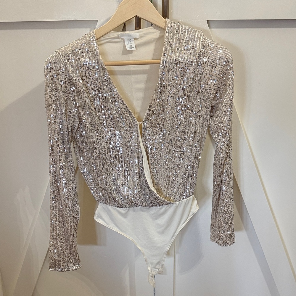 Sequin Long Sleeve Bodysuit - Silver